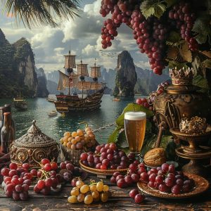 a still life of grapes, beer and wine with an old ship in the background in a Thai bay, and on top there is hand holding crown, fantasy style