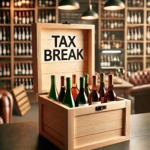 A box of wines with a sign saying Tax Break in a wine shop in Thailand. 