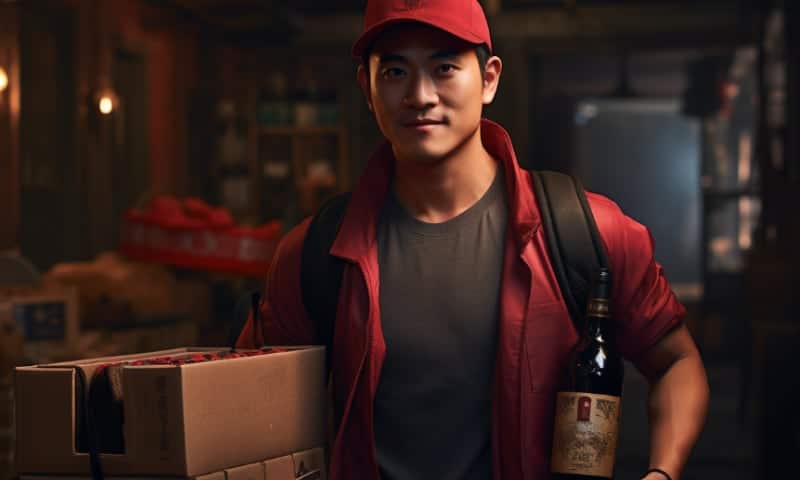 A Thai delivery man delivering wine in Thailand.