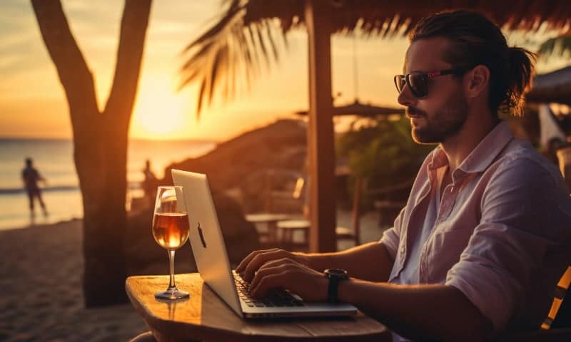 Man sitting on a beach in Thailand ordering wine online for delivery.