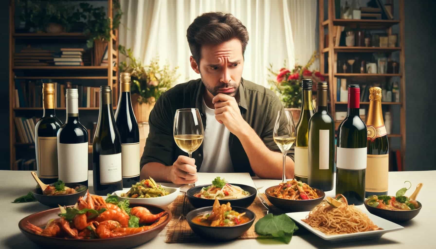 A man trying to decide on the perfect wine to pair with Thai food