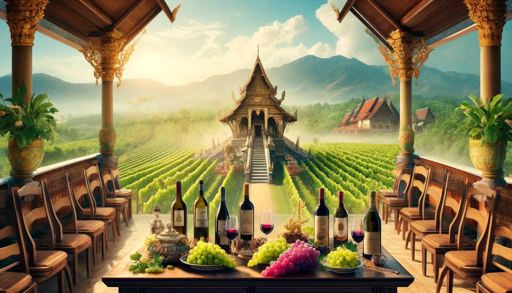 A traditional Thai banquet setting with European wines and a vibrant Thai vineyard in the background