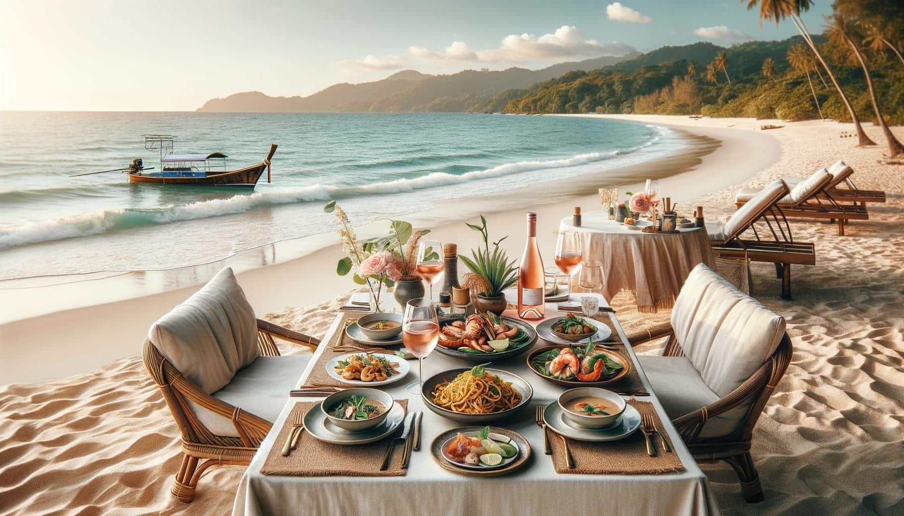 A table at a sunny beach in Thailand, with Thai food and wine.