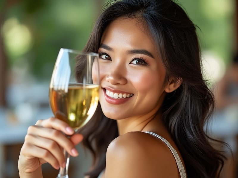 Thai woman holding up a glass of white wine.