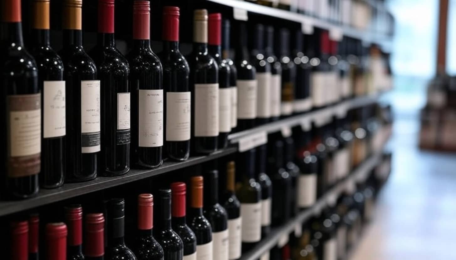 A shelf with wine from a wine shop in Thailand.