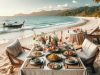 A table at a sunny beach in Thailand, with Thai food and wine.