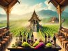 A traditional Thai banquet setting with European wines and a vibrant Thai vineyard in the background